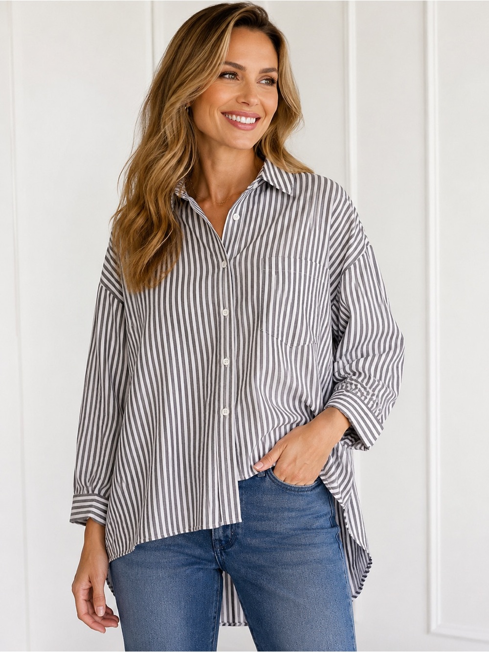 MIOU MUSE Gray & White Striped Oversized High-Low Button Shirt Small